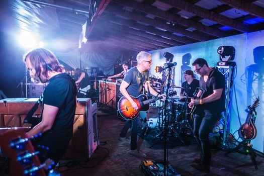 HOT SPRINGS, NC - JULY 9: Christian musician Matt Maher performing with his band during the Wild Goose Festival on July 9, 2016 in Hot Springs, NC, USA.