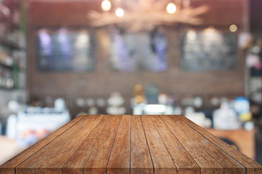 Brown table top with blurred cafe. product display template