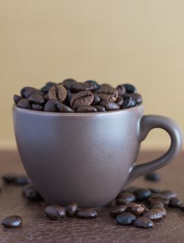 Close up  Roasted coffee beans  in brown coffee cup