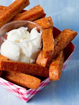 close up of rustic comfort food snack spam fries