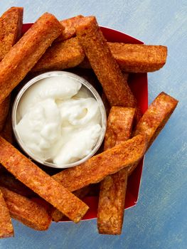 close up of rustic comfort food snack spam fries