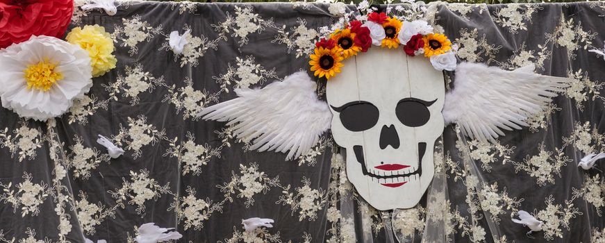 Flower and skeleton alter at Dia de los Muertos, Day of the dead.