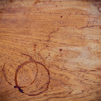 Beverage background and Coffee menu design . Coffee ring on shabby teak woods . Coffee stains on grunge wooden table background  with copy space flat lay.