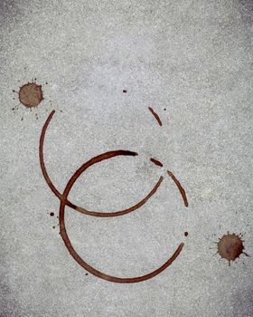 Beverage background and Coffee menu design . Coffee ring on concrete background . Coffee stains on grunge concrete background  with copy space flat lay.