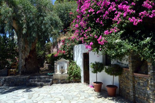 Court inside with a tree of flowers and a fountain.