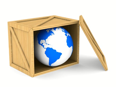 wooden box with globe. Isolated 3D image