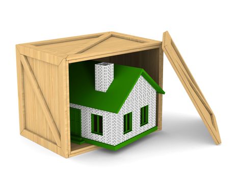 wooden box with house. Isolated 3D image