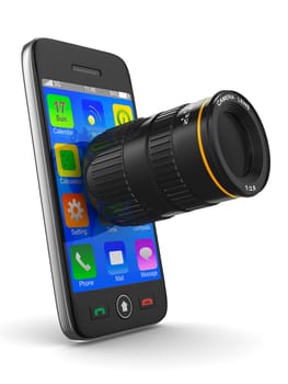 phone with lens on white background. Isolated 3D image