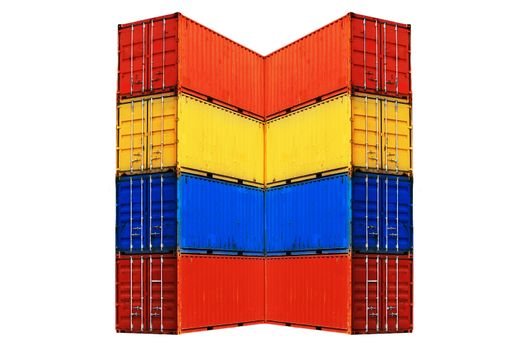 Ten differently colored sea containers stacked, isolated on white background.