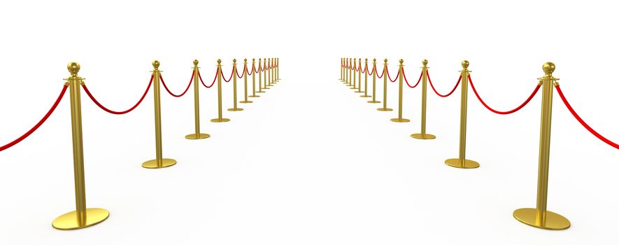 Golden fence, stanchion with red barrier rope, isolated on white background. 3d rendering