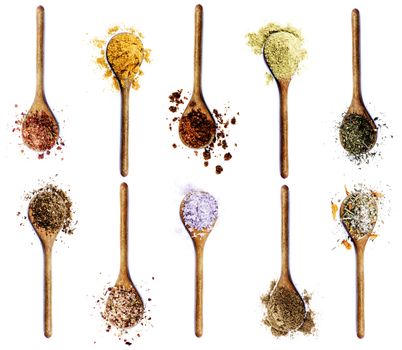 Collection of Various Spices in Wooden Spoons: Dried Paprika, Curry Powder, Salt with Cayenne Pepper, Zira, Coriander, Thyme, Salt with Chili, Kosher Salt,  Cumin Powder and Salt with Petals isolated on White background