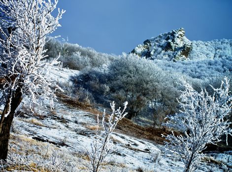 Frozen Winter Landscape in Mount Beshtau Ridges and Hills with Frozen Snowy Trees on Cloudy Sky background Outdoors