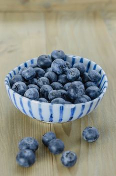 Blueberries in a bowl on a wooden background