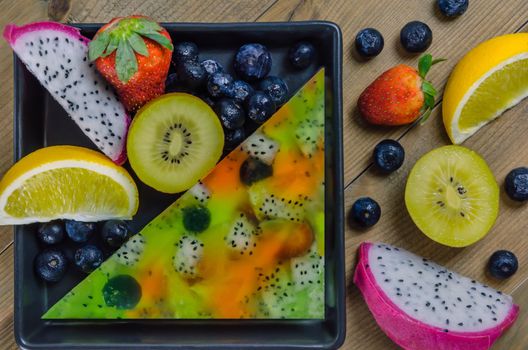 Top view of mixed jelly fruits ( strawberry, blueberry, kiwi, orange, dragon fruit )