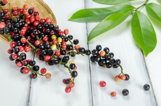 Thai Blueberry in bamboo basket over wooden background , still life