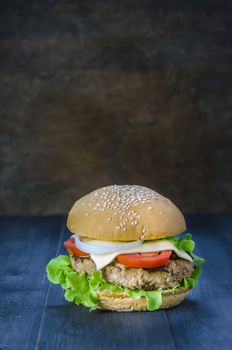 Closeup of home made burgers on wooden background