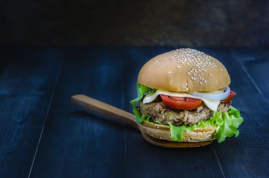 Closeup of home made burgers on wooden background