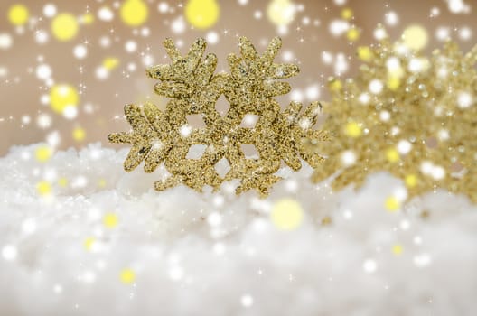 Christmas Decoration With Snow Over Wooden Background