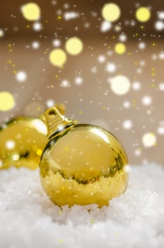 Christmas Decoration With Snow Over Wooden Background