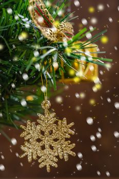 Christmas Decoration With Snow Over Wooden Background