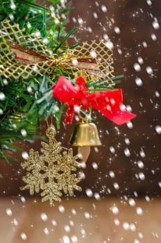 Christmas Decoration With Snow Over Wooden Background
