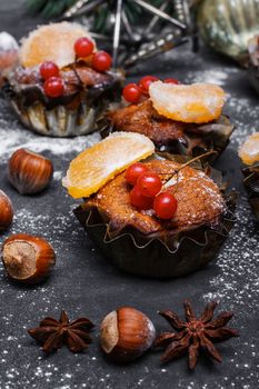 Homemade Christmas cake with tangerine for winter Christmas holidays