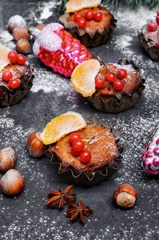 Homemade Christmas cake with tangerine for winter Christmas holidays