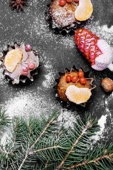 Homemade Christmas cake with tangerine for winter Christmas holidays