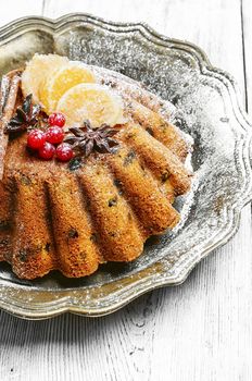 Homemade Christmas cake with tangerine for winter Christmas holidays