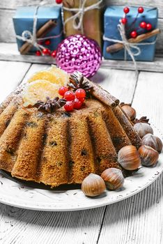 Homemade Christmas cake with tangerine for winter Christmas holidays