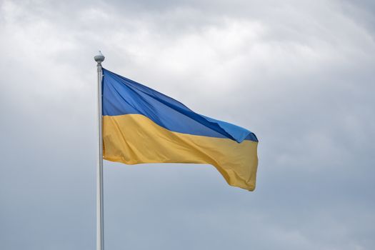 The flag of Ukraine flutters on wind, against the background of gray clouds.