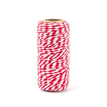 Red and white rope isolated on white background, tied tie multipurpose items seized or sticky material.