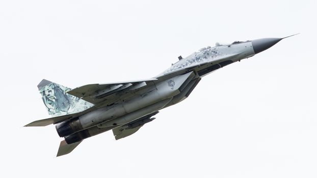 LEEUWARDEN, THE NETHERLANDS - JUNE 10, 2016: Slovak Air Force MiG-29 Fulcrum during a demonstration at the Royal Netherlands Air Force Days