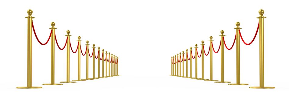 Golden fence, stanchion with red barrier rope, isolated on white background. 3d rendering