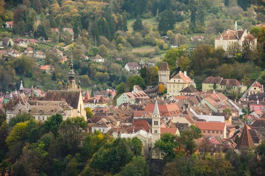 Panoramic view over the cityscape and roof architecture in Sighisoara town, Romania