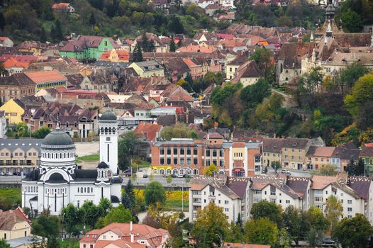Panoramic view over the cityscape and roof architecture in Sighisoara town, Romania