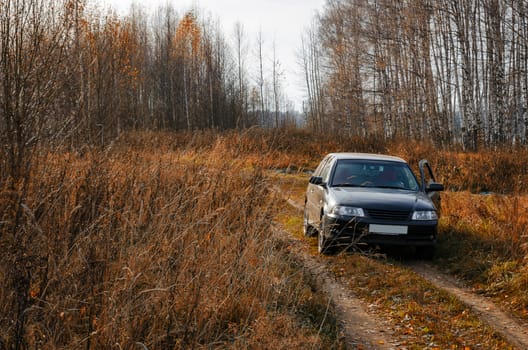 Unattended abandoned car in the woods on the nature