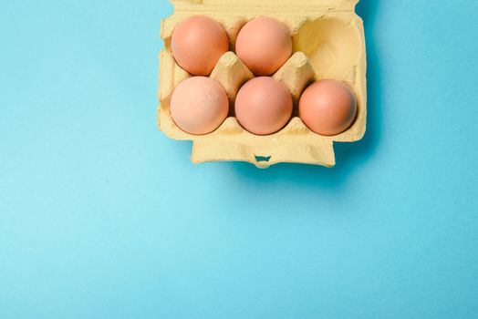 View of opened box of chicken eggs, blue background