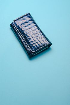 Blue ladies leather purse on a blue background