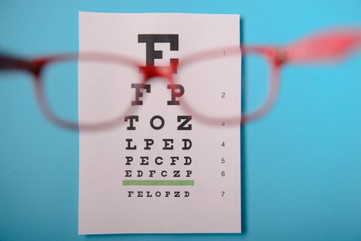 close up view of glasses lying on snellen test chart
