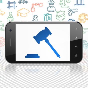 Law concept: Smartphone with  blue Gavel icon on display,  Hand Drawn Law Icons background, 3D rendering