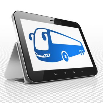 Tourism concept: Tablet Computer with blue Bus icon on display, 3D rendering