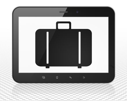 Vacation concept: Tablet Pc Computer with black Bag icon on display, 3D rendering