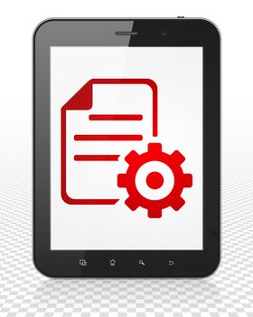 Software concept: Tablet Pc Computer with red Gear icon on display, 3D rendering