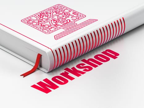 Studying concept: closed book with Red Computer Pc icon and text Workshop on floor, white background, 3D rendering