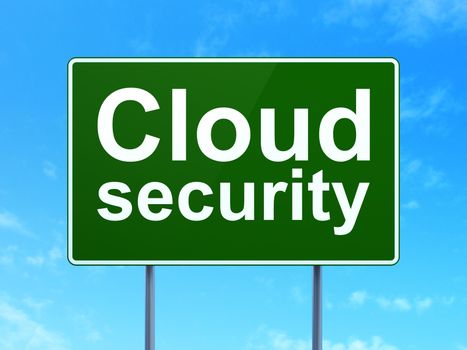 Cloud networking concept: Cloud Security on green road highway sign, clear blue sky background, 3D rendering