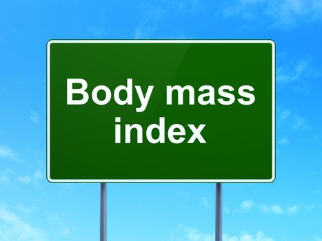Medicine concept: Body Mass Index on green road highway sign, clear blue sky background, 3D rendering