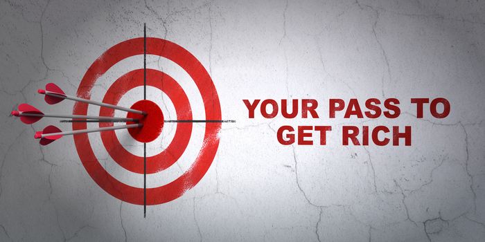 Success finance concept: arrows hitting the center of target, Red Your Pass to Get Rich on wall background, 3D rendering