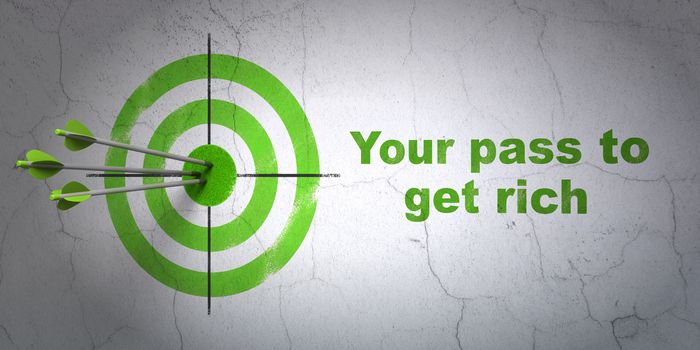 Success business concept: arrows hitting the center of target, Green Your Pass to Get Rich on wall background, 3D rendering