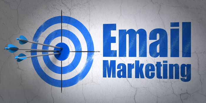 Success business concept: arrows hitting the center of target, Blue Email Marketing on wall background, 3D rendering